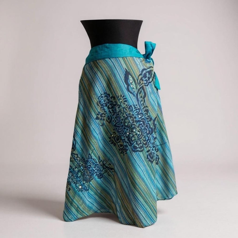 Sheesh Collections Turquoise Striped Cotton Wrap Skirt Medium